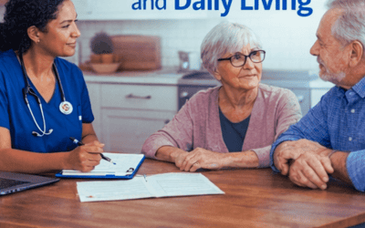 Title says Bridging Clinical Care and Daily Living. A picture of a health care worker, and an elderly married couple who are sitting at a table. The bottom of the image says digitaldoctorsathome.com with the DD@H logo